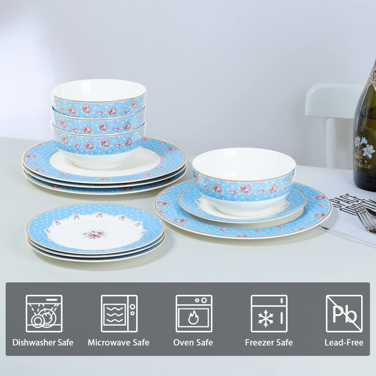 12 Piece Blue Floral Ceramic Dinnerware Set A131627