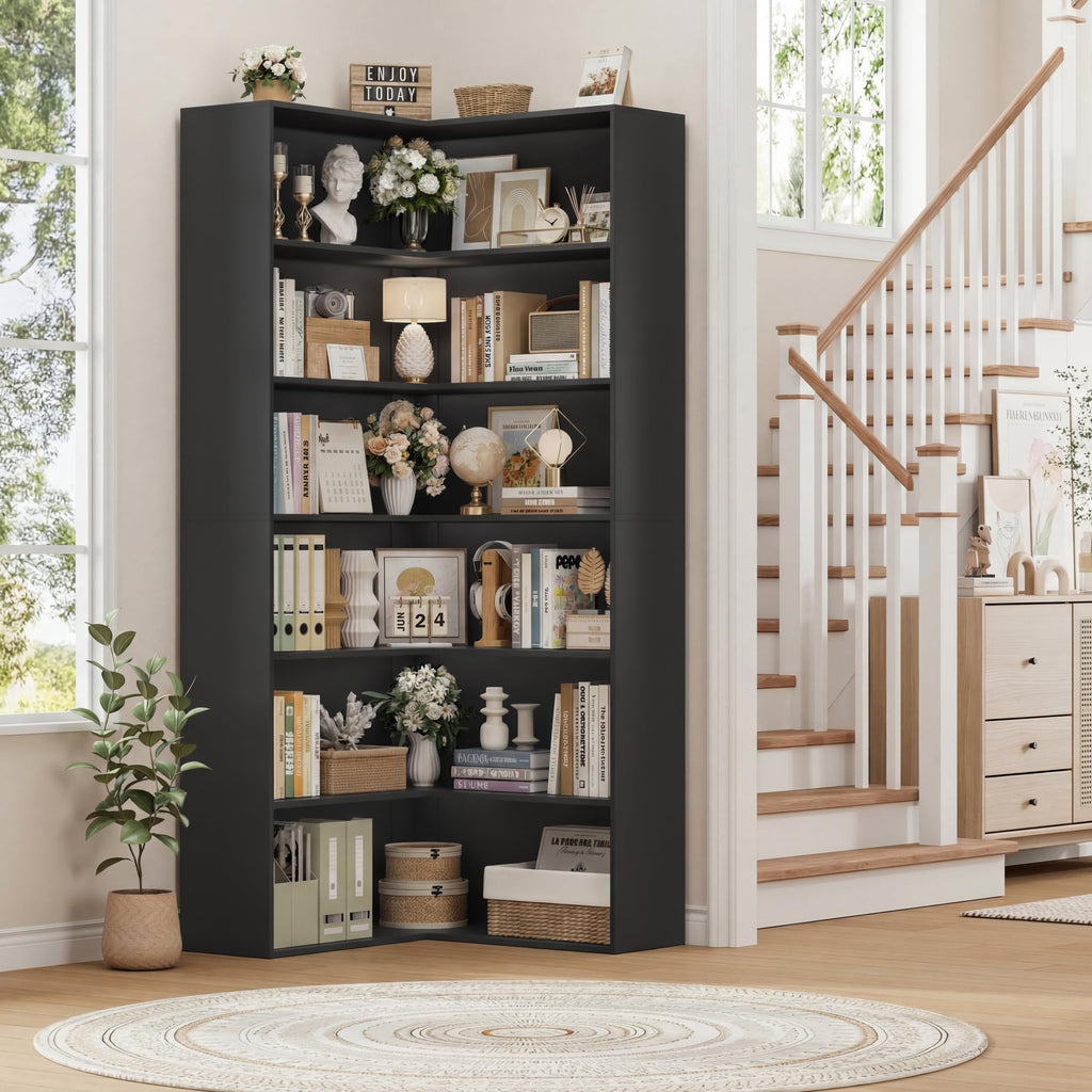 Corner Bookshelf with Storage, 73.5" Tall Black Bookcase Q249
