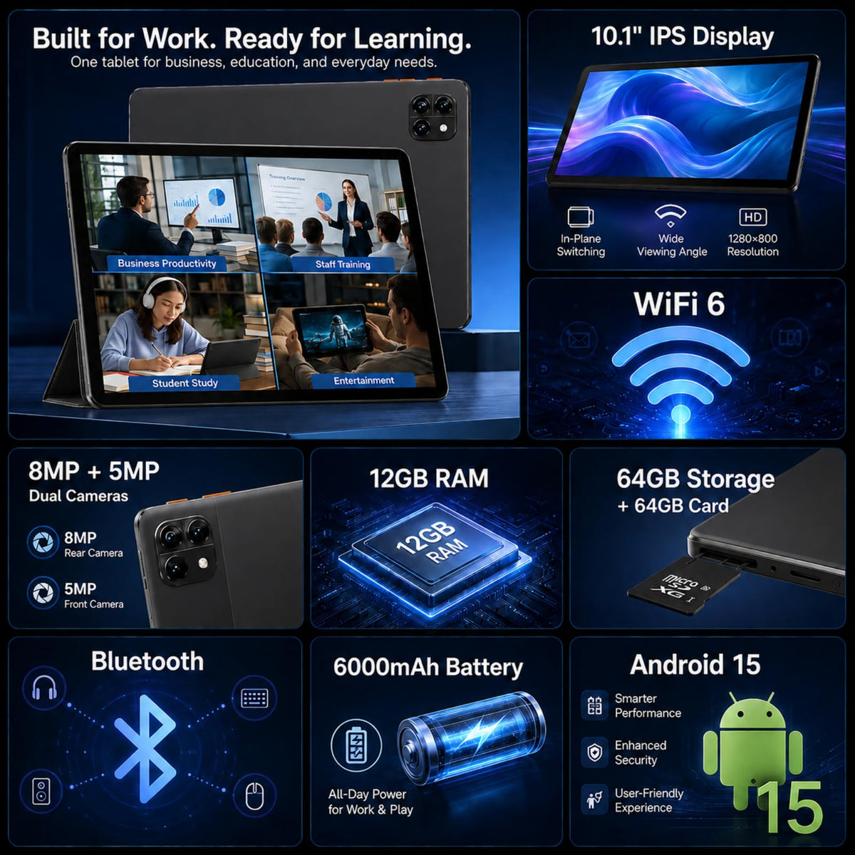 Android 15 Tablet, Octa-core 12GB RAM + 64GB + 64GB Card T148959