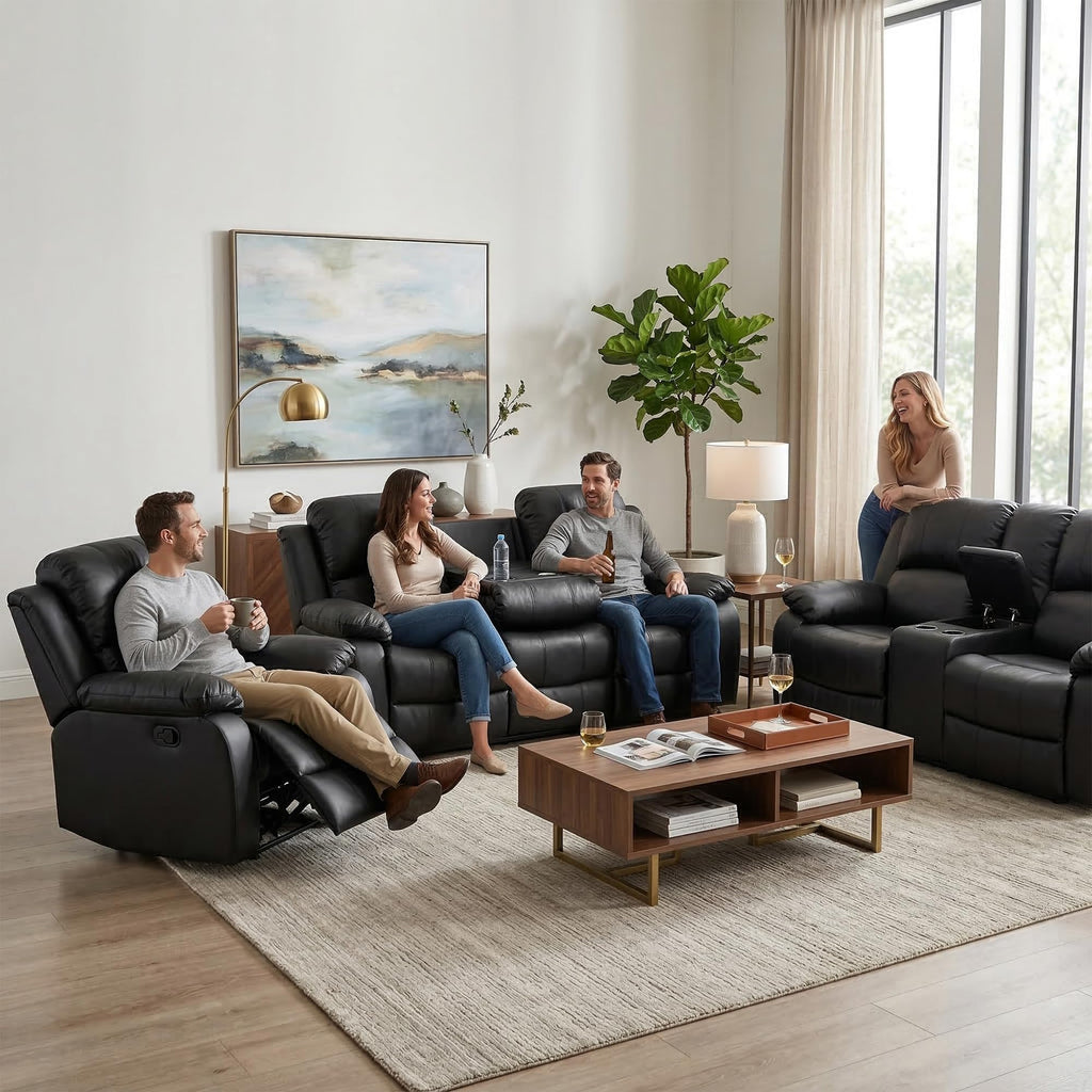 Black 3 Piece Leather Recliner Sofa Set with Cup Holders J4605