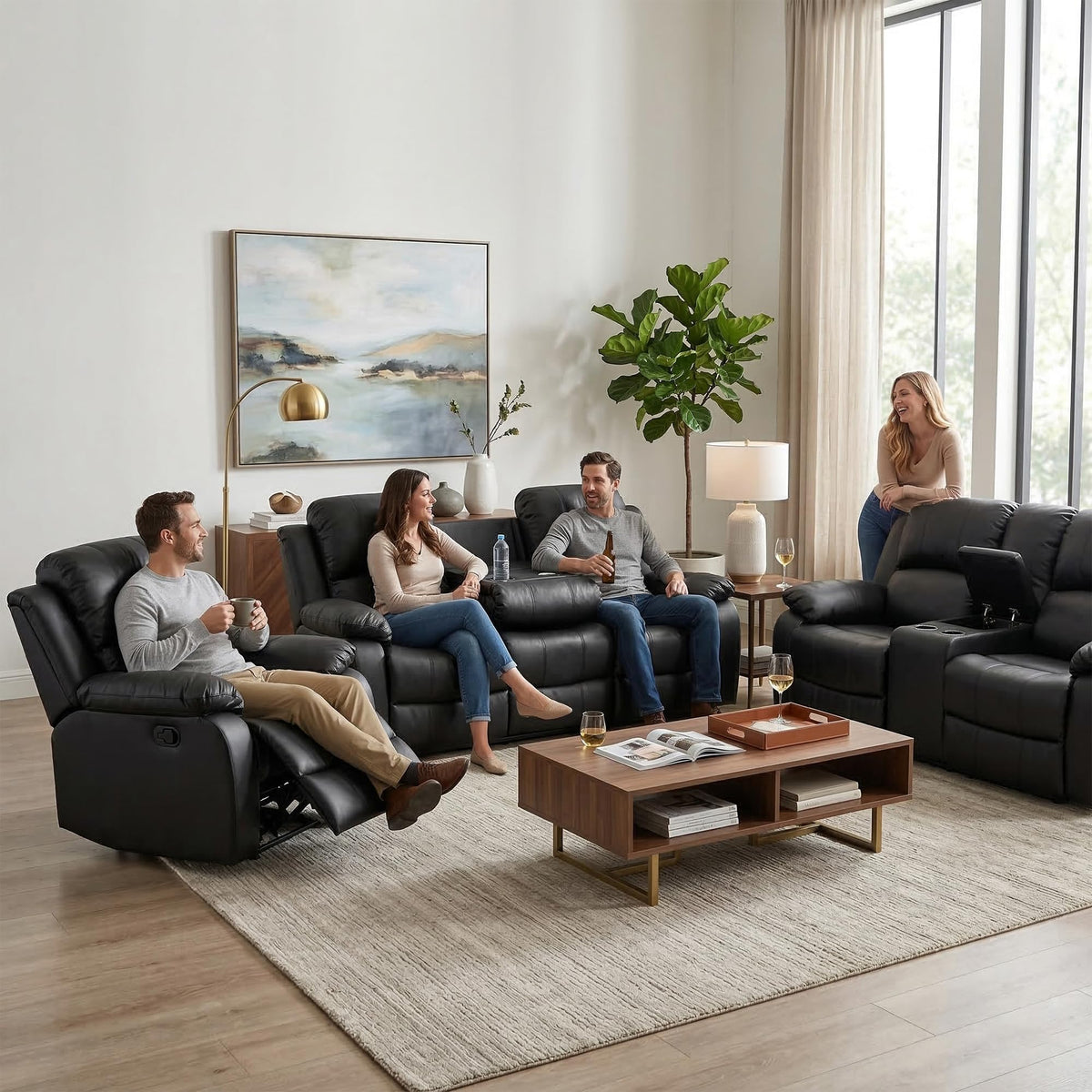 Black 3 Piece Leather Recliner Sofa Set with Cup Holders J4605