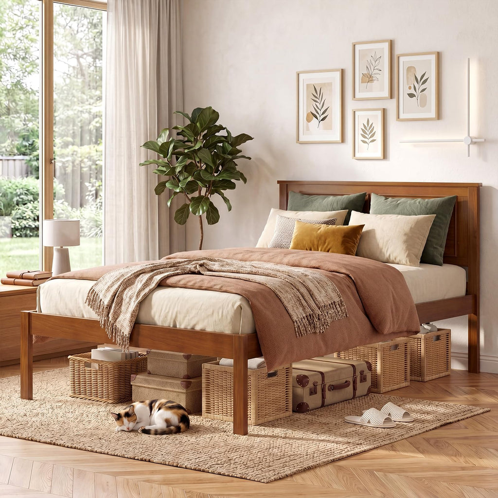 Twin Size Wooden Platform Bed with Headboard Q125