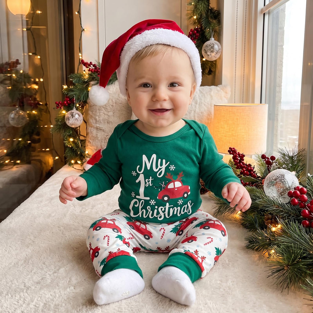 My First Christmas Baby Boy Outfit Romper Pants Hat Q50995