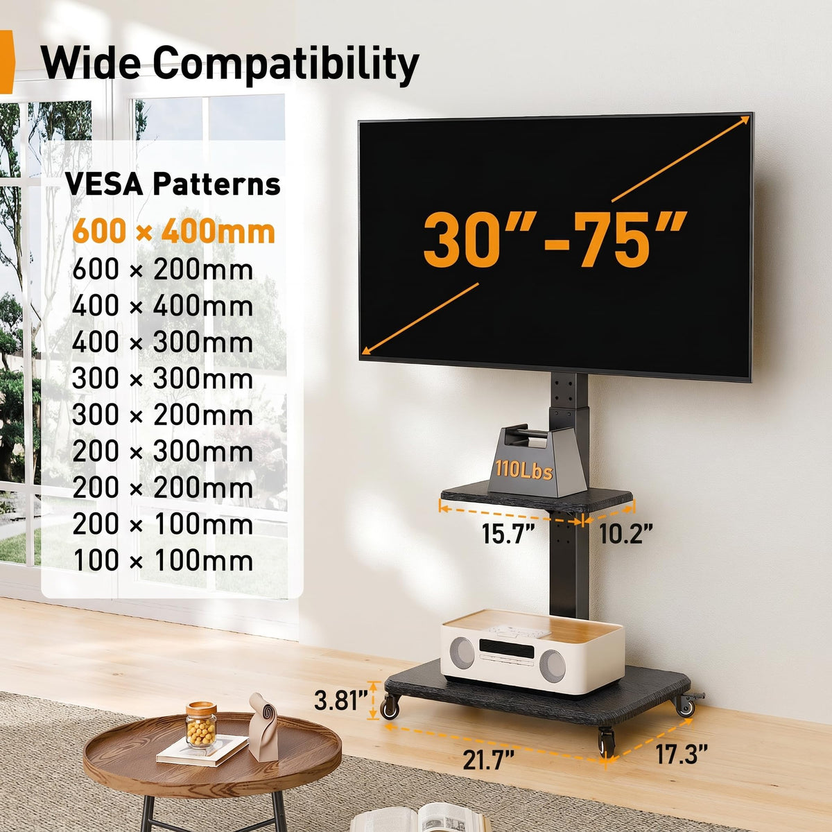 Rolling TV Stand with Wheels for 30-75 Inch TVs Z128