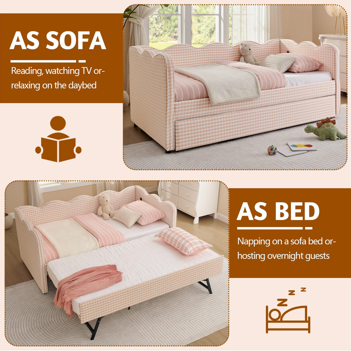 Pink Twin Size Gingham Daybed with Trundle V2306