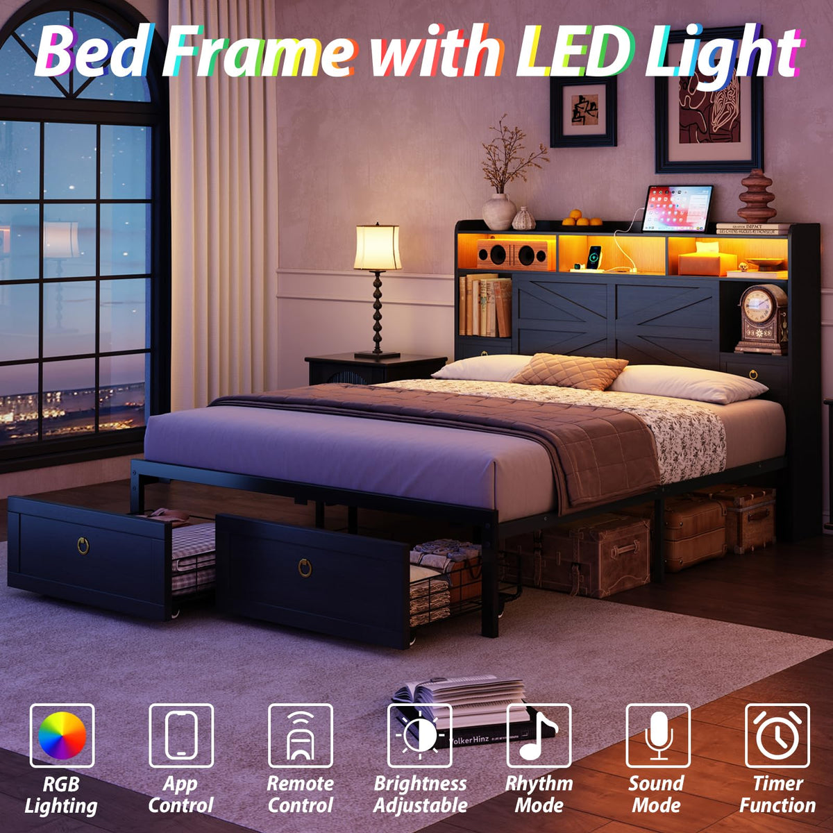 Queen Size Wood Bed Frame with Storage Headboard and 4 Drawers B3932