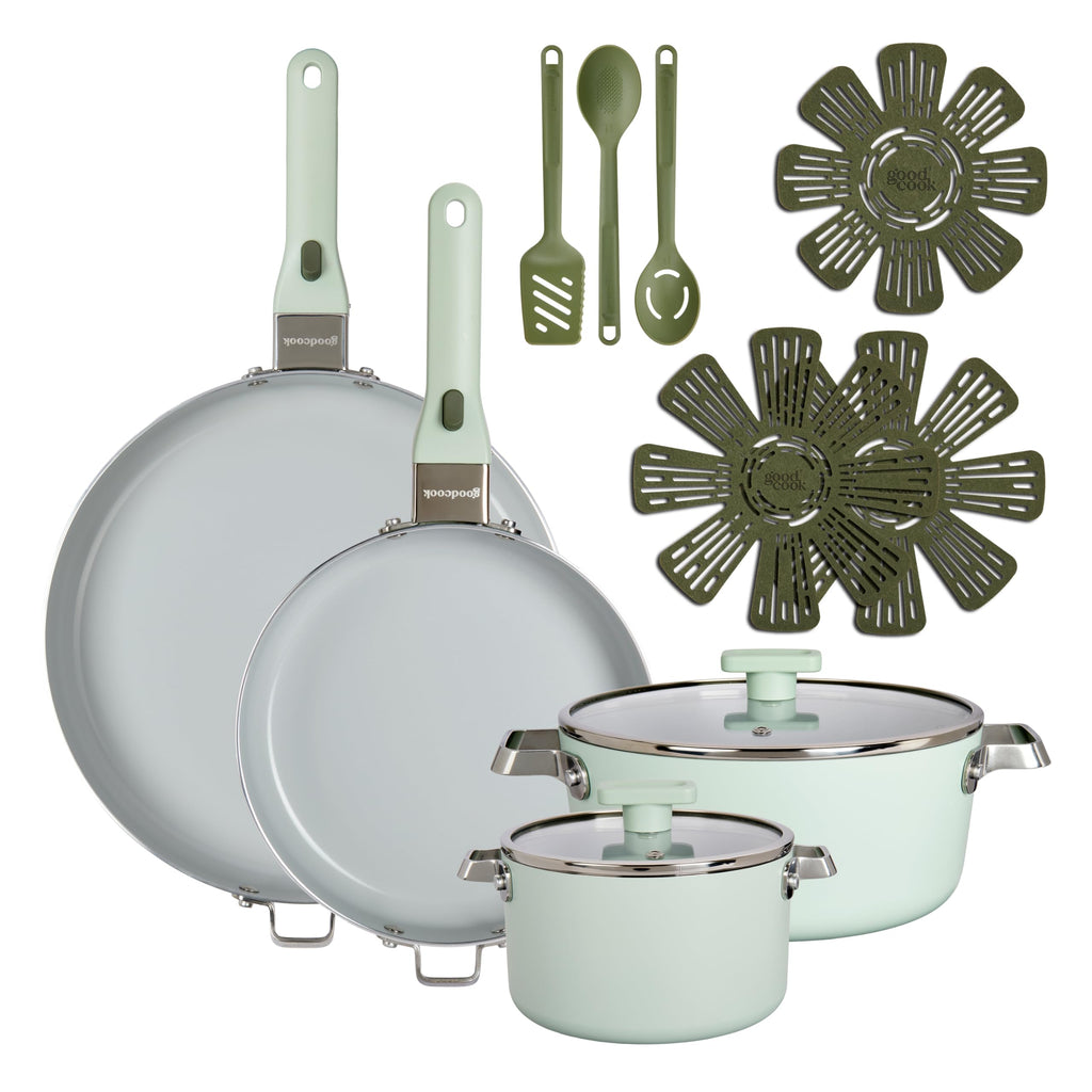 14-Piece Ceramic Cookware Set with Removable Handles, Sage Green N755