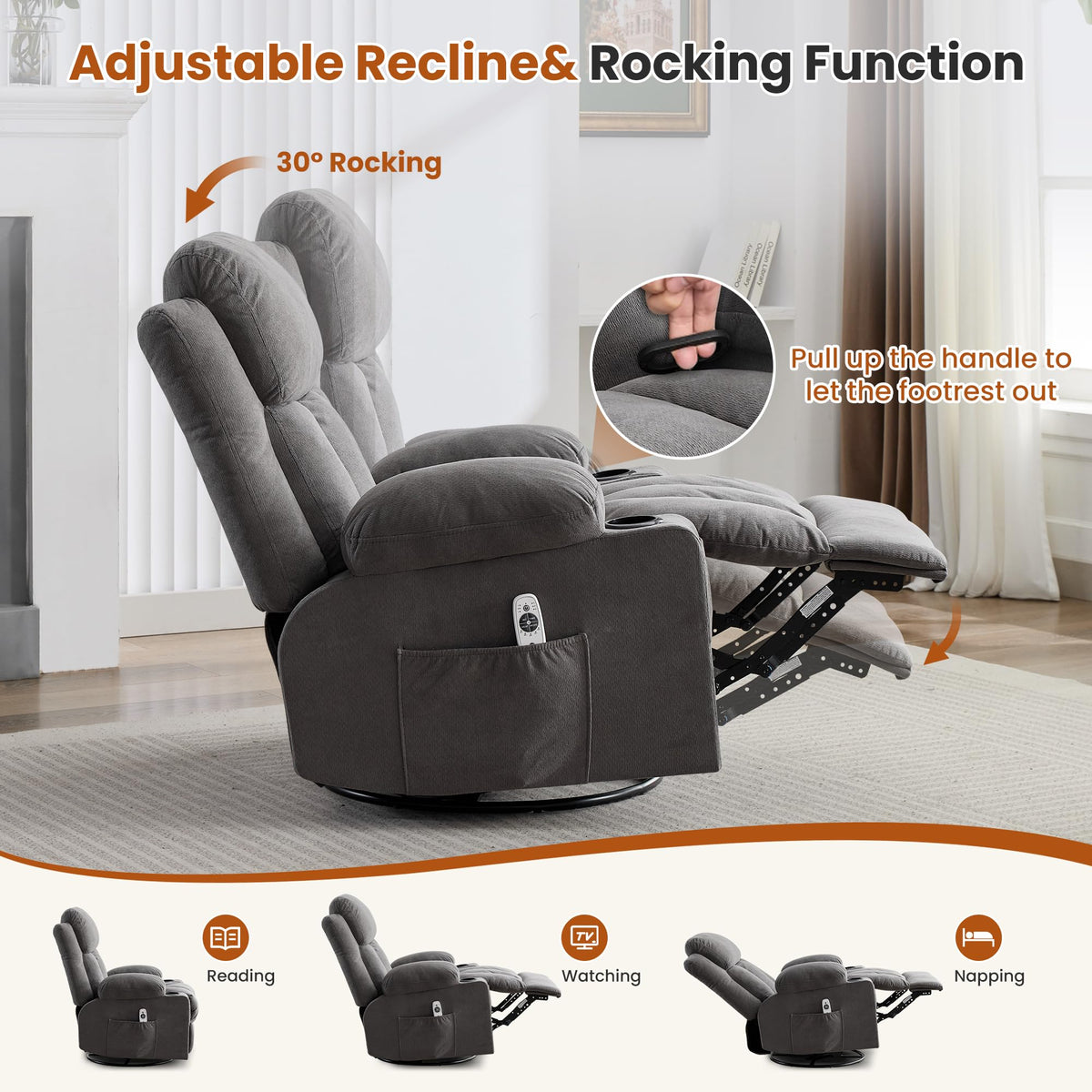 Swivel Rocker Recliner Chair with Massage and Heat V377