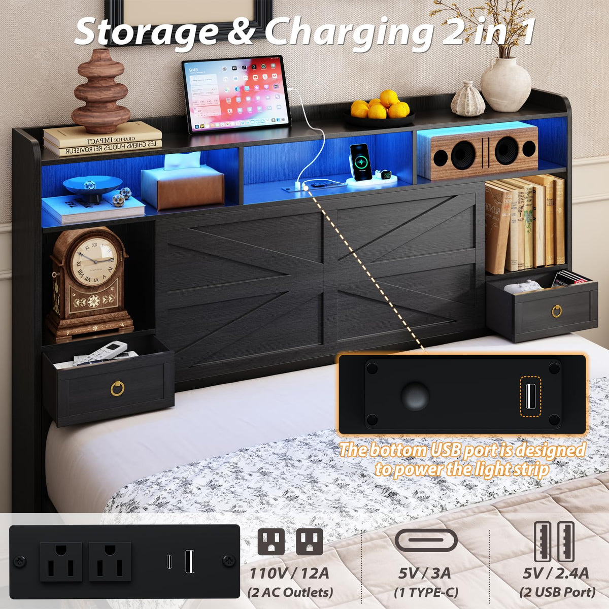 Queen Size Wood Bed Frame with Storage Headboard and 4 Drawers B3932