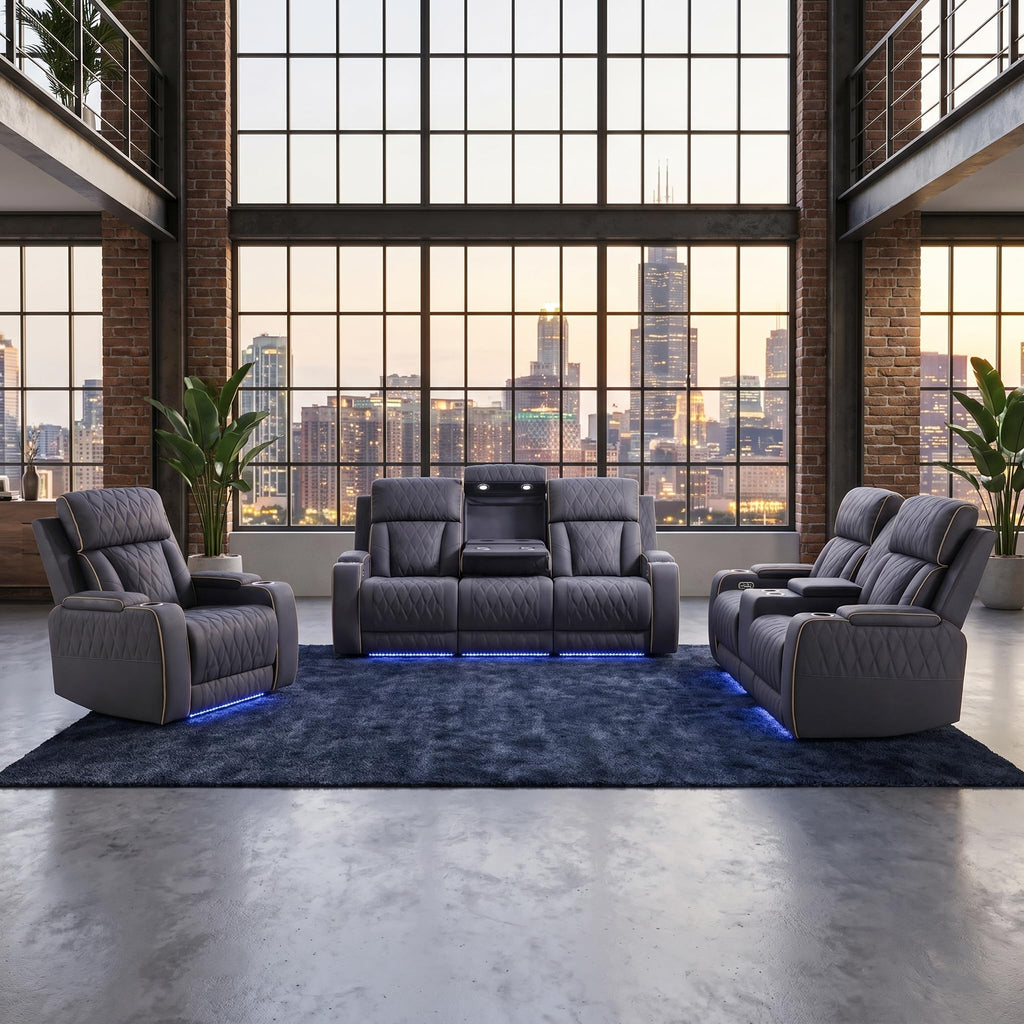 3 Piece Leather Power Recliner Sofa Set with LED Lights W390