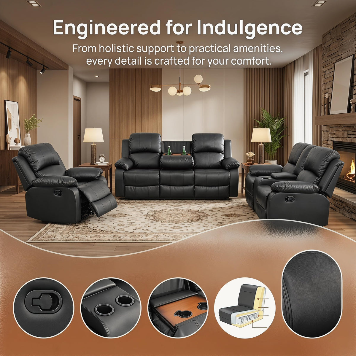 Black 3 Piece Leather Recliner Sofa Set with Cup Holders J4605