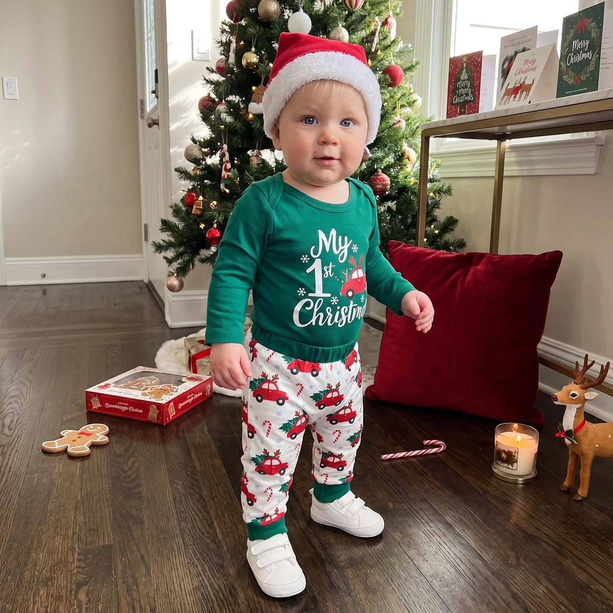 My First Christmas Baby Boy Outfit Romper Pants Hat Q50995