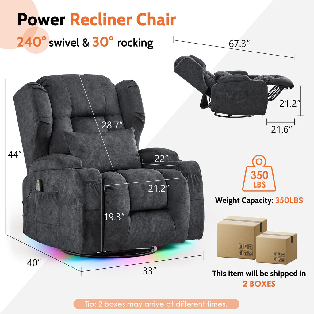 Velvet Gray Power Swivel Rocker Recliner Chair with Massage & Heat Y264
