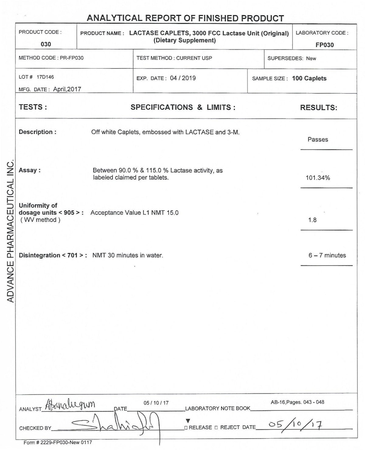 Lactase Enzyme 540 Caplets 3000 FCC L6618