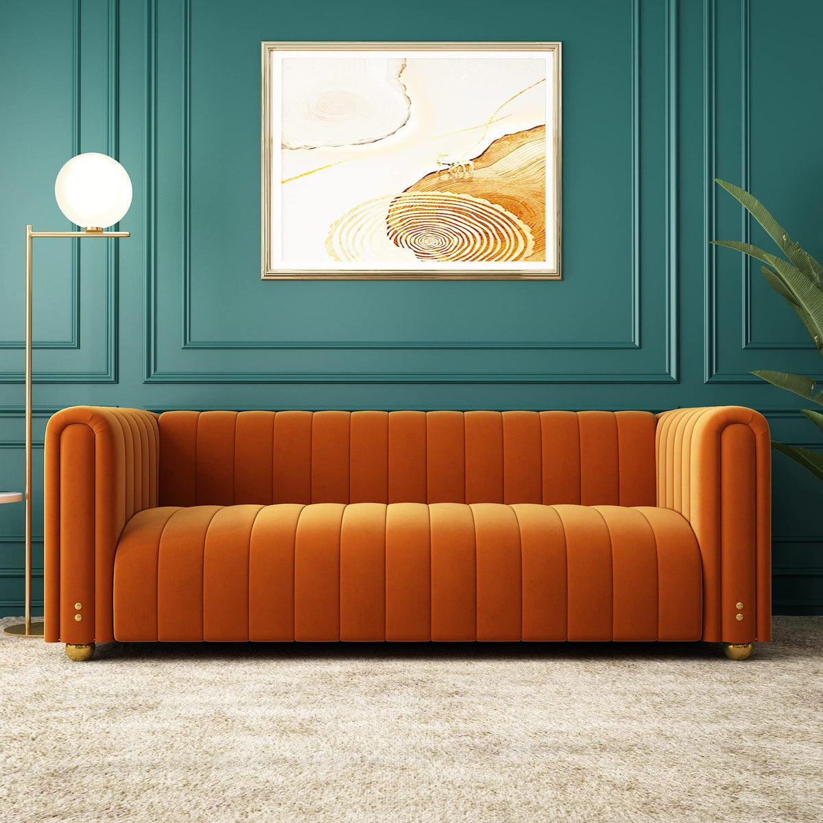 Orange Velvet Tufted 3-Seater Sofa P366