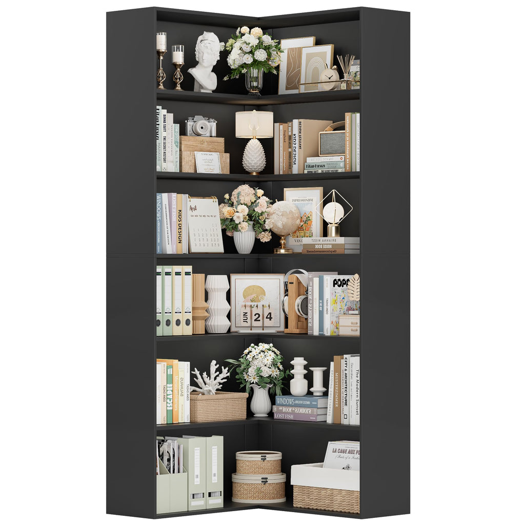 Corner Bookshelf with Storage, 73.5" Tall Black Bookcase Q249