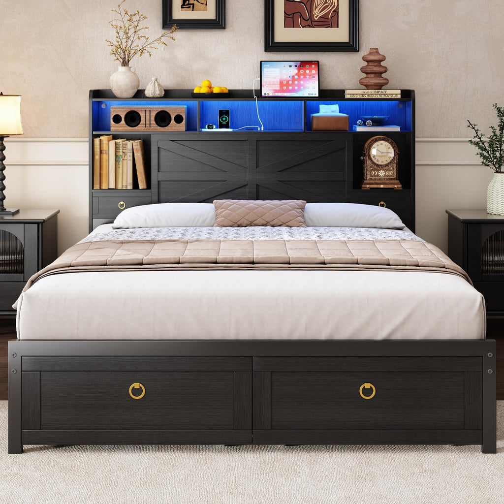 Queen Size Wood Bed Frame with Storage Headboard and 4 Drawers B3932