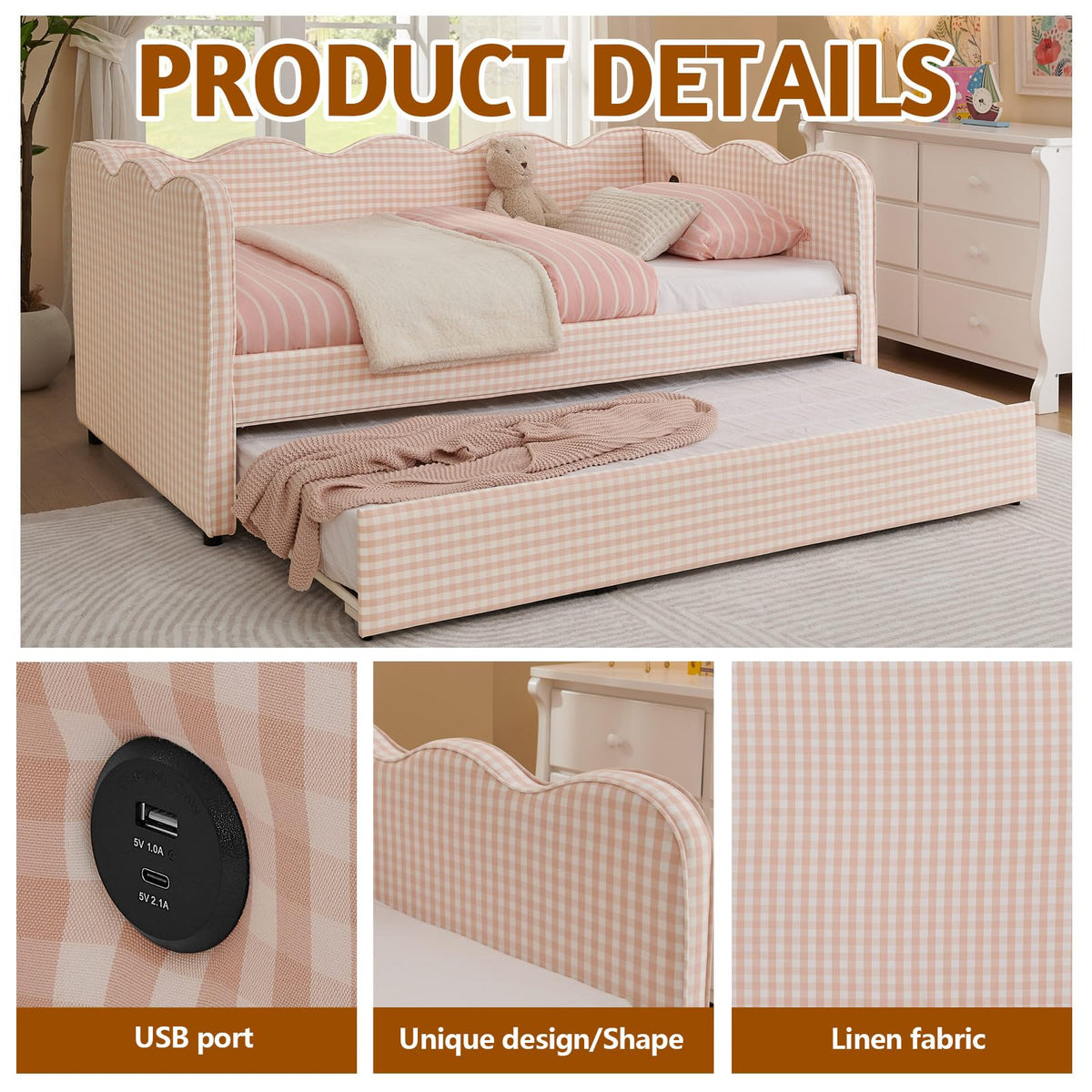 Pink Twin Size Gingham Daybed with Trundle V2306
