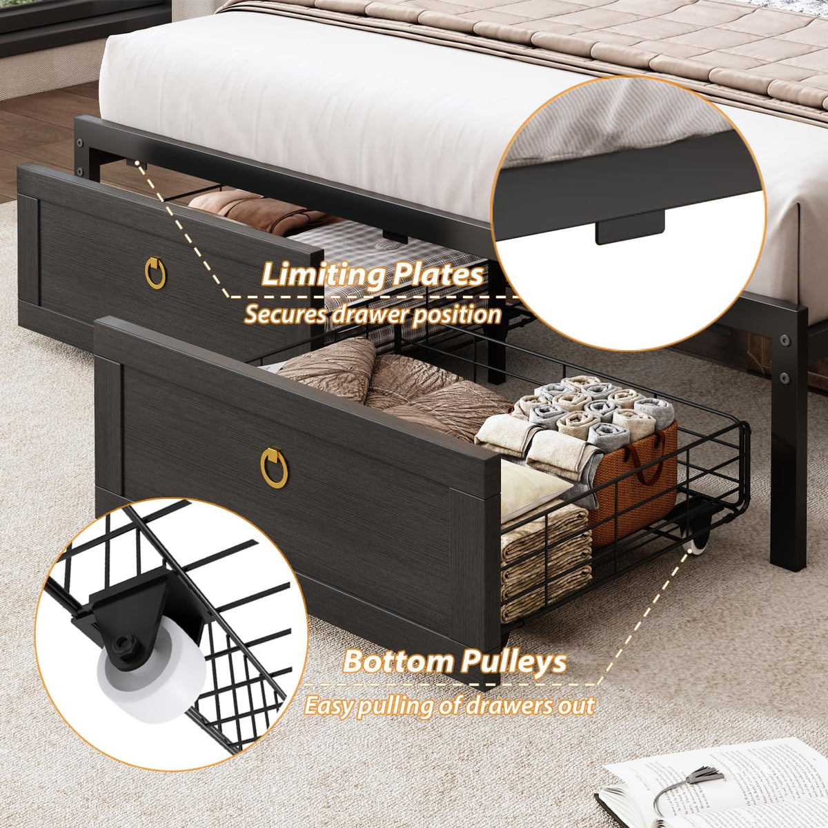 Queen Size Wood Bed Frame with Storage Headboard and 4 Drawers B3932