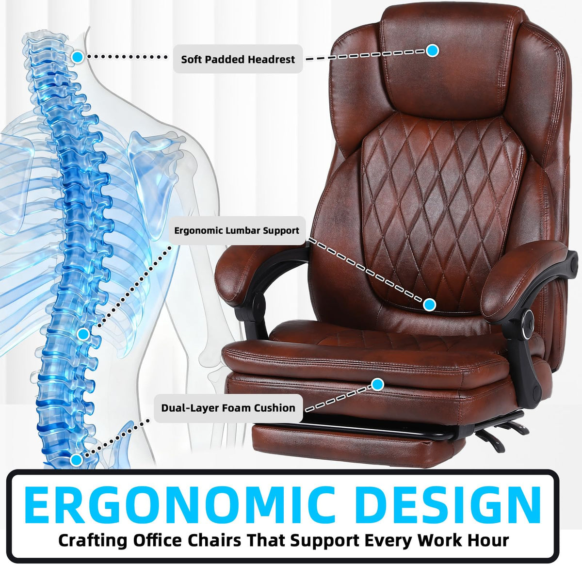 Big and Tall Ergonomic High Back PU Leather Reclining Office Chair with Footrest O434010