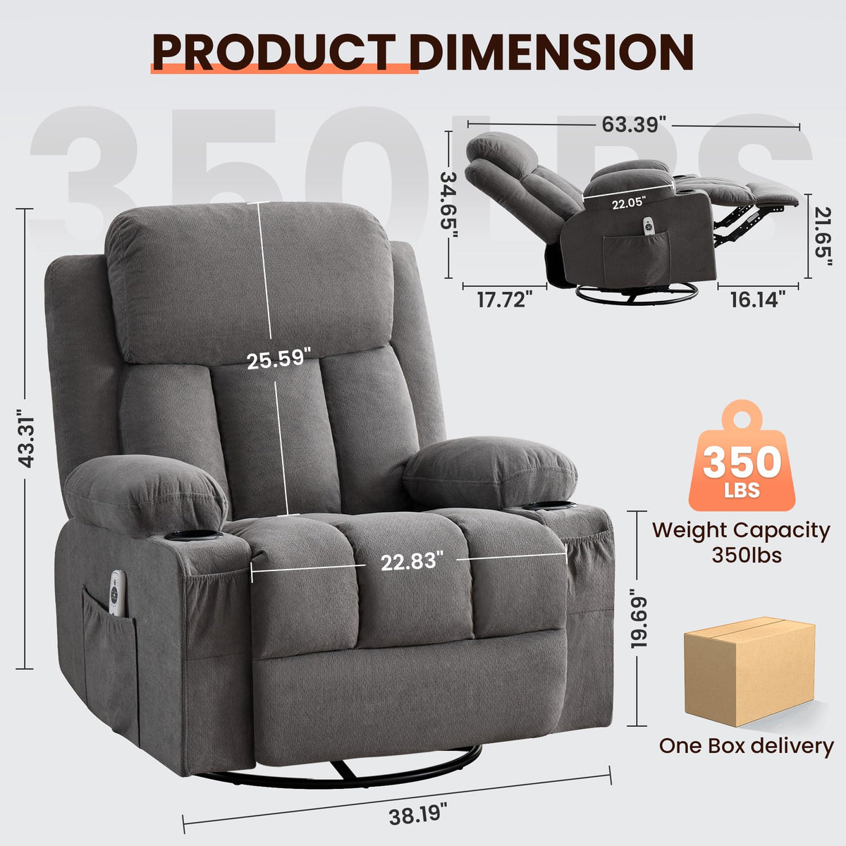 Swivel Rocker Recliner Chair with Massage and Heat V377