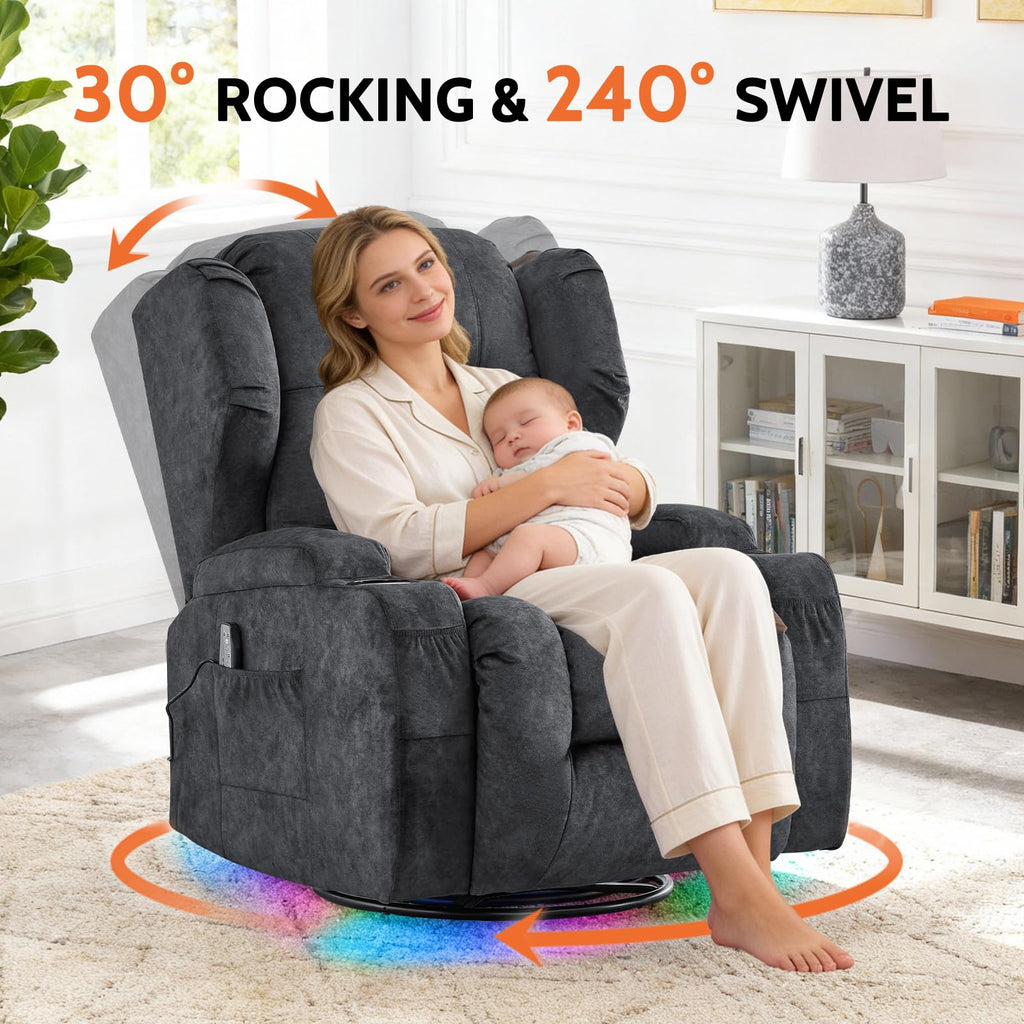 Velvet Gray Power Swivel Rocker Recliner Chair with Massage & Heat Y264