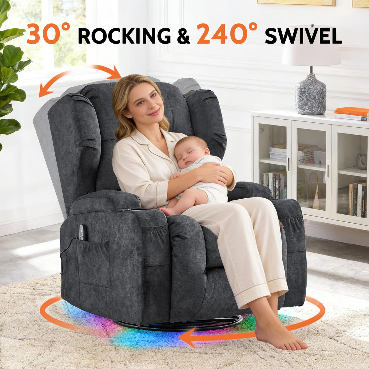Velvet Gray Power Swivel Rocker Recliner Chair with Massage & Heat Y264