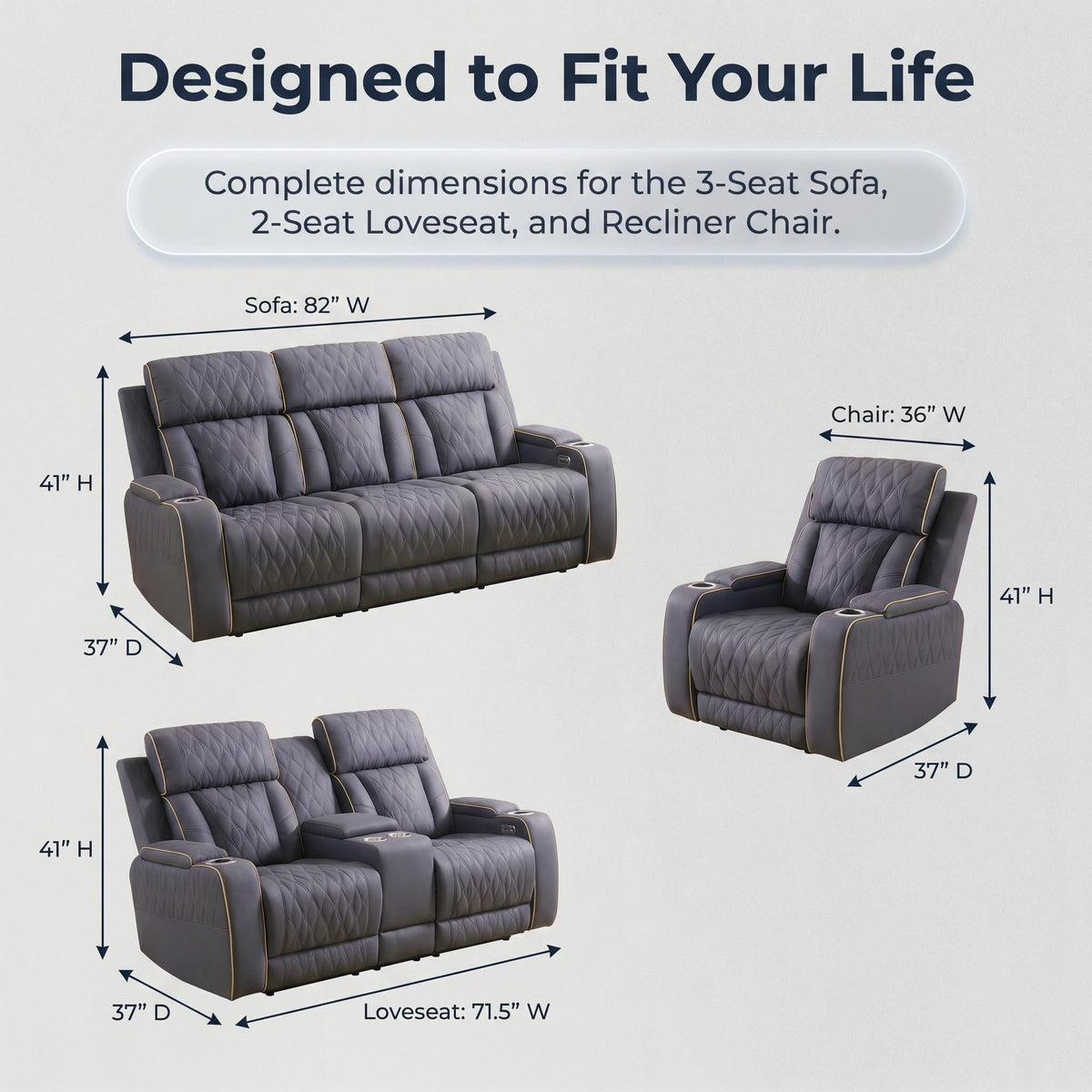 3 Piece Leather Power Recliner Sofa Set with LED Lights W390