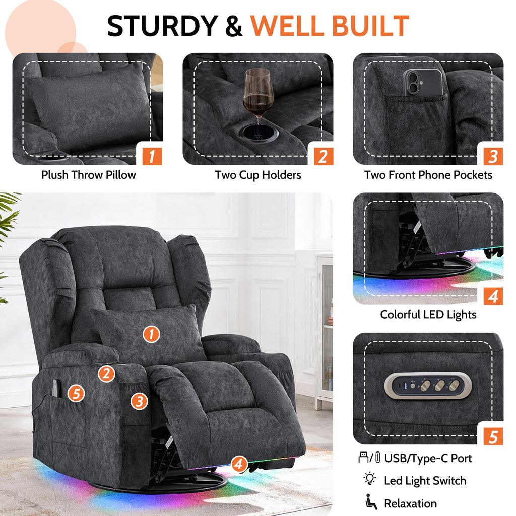 Velvet Gray Power Swivel Rocker Recliner Chair with Massage & Heat Y264