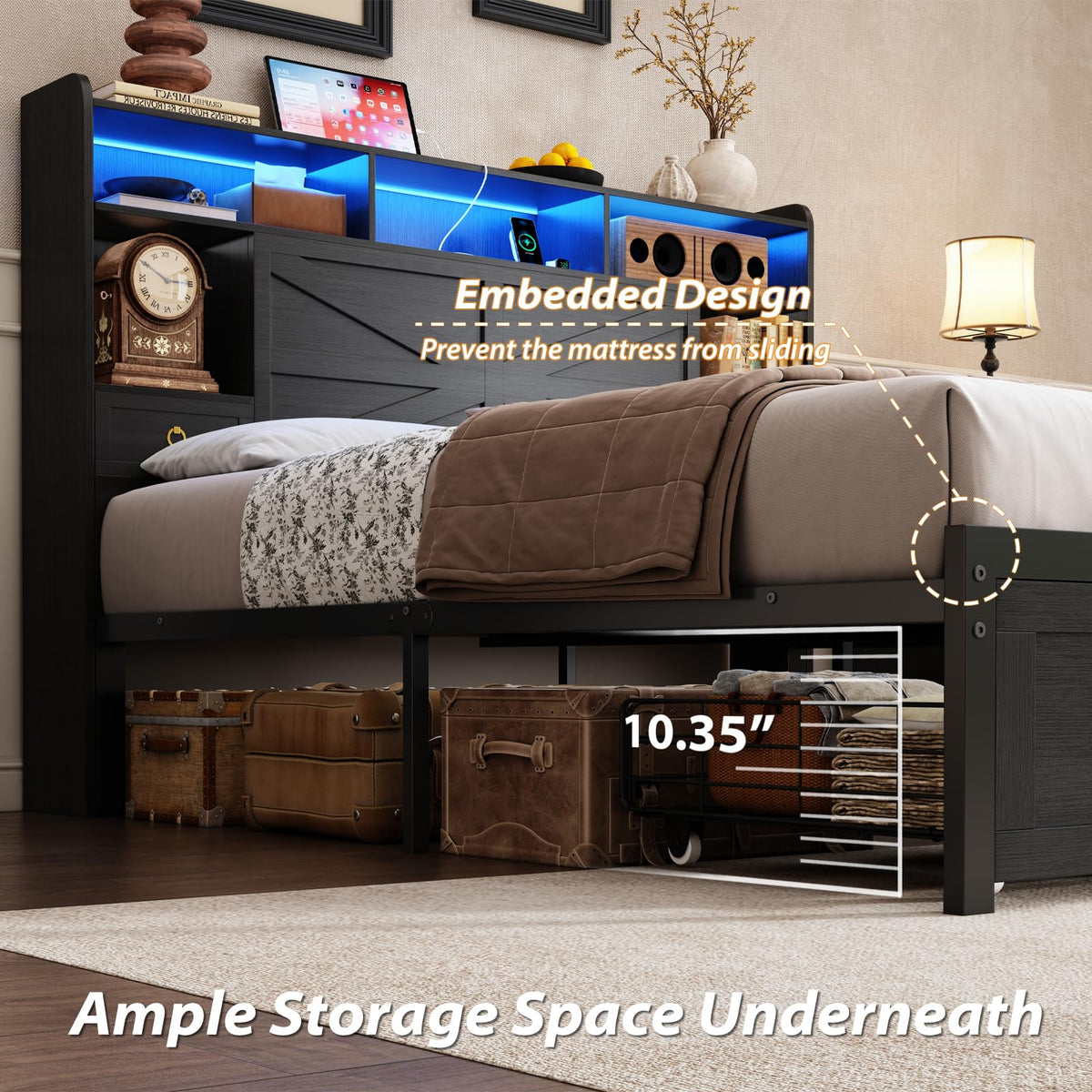 Queen Size Wood Bed Frame with Storage Headboard and 4 Drawers B3932