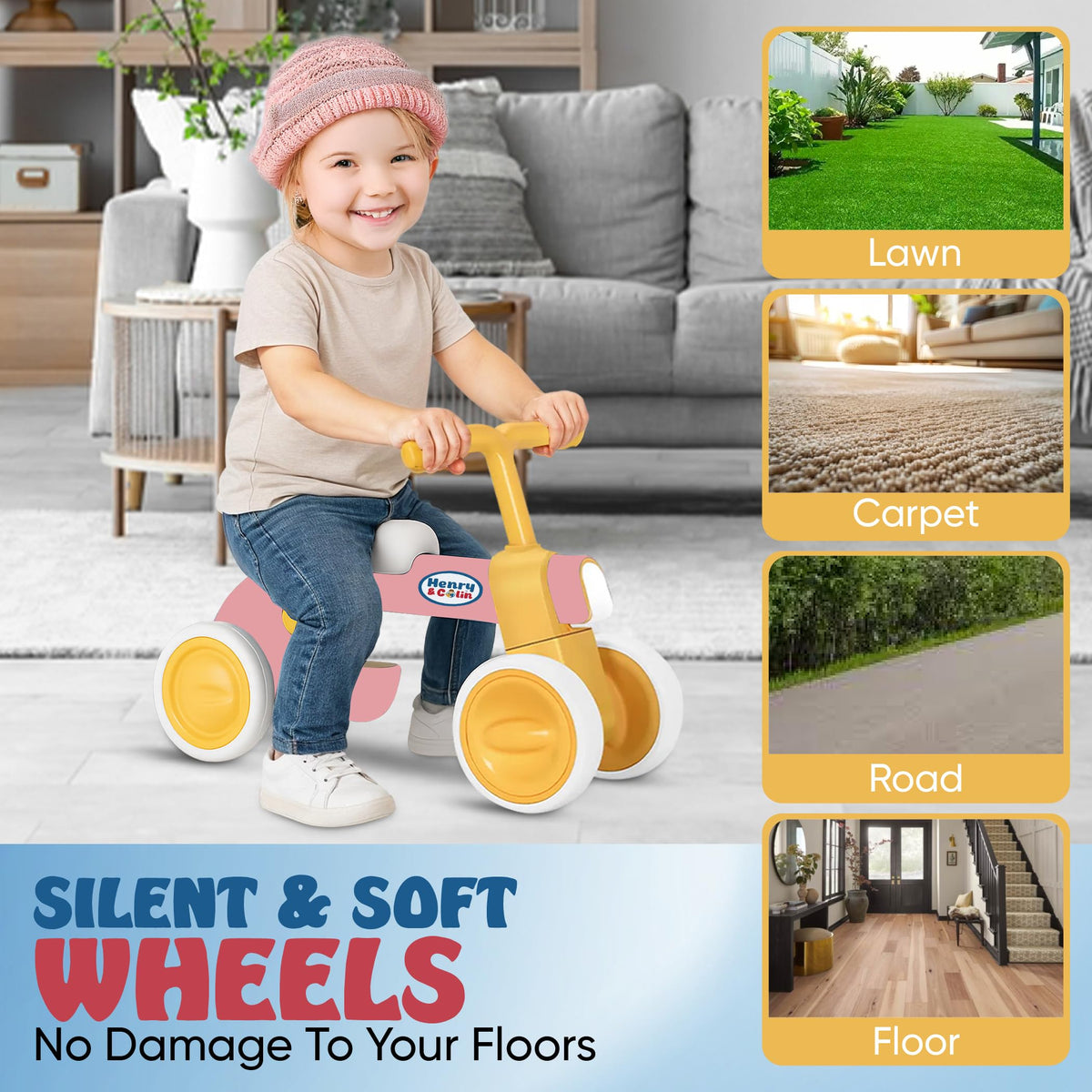 4 Wheel Toddler Balance Bike with Lights Music Soft Seat Pink Q594477