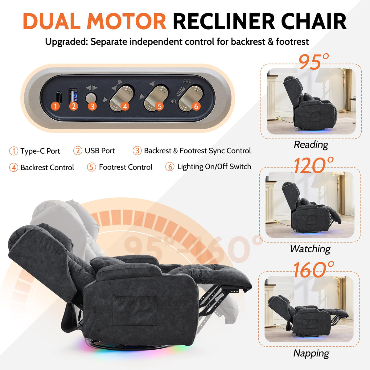 Velvet Gray Power Swivel Rocker Recliner Chair with Massage & Heat Y264