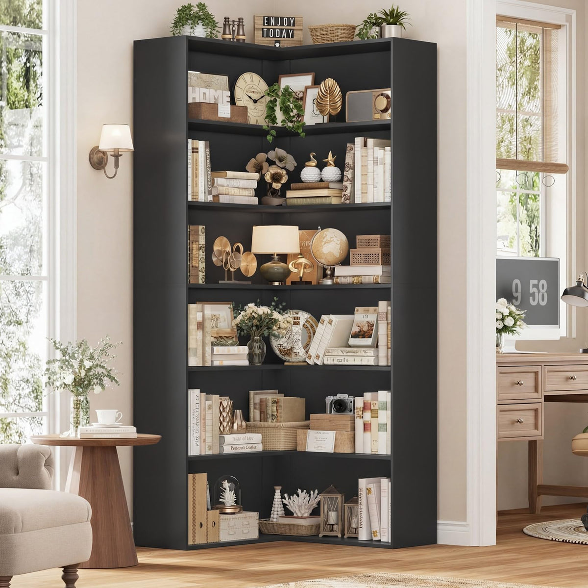 Corner Bookshelf with Storage, 73.5" Tall Black Bookcase Q249