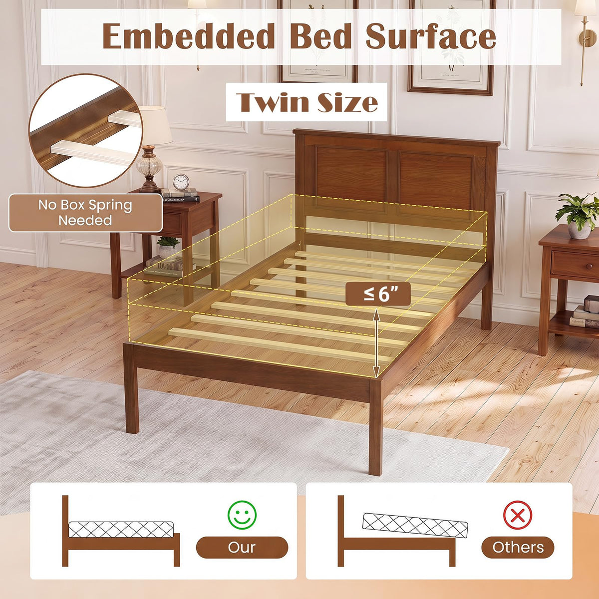 Twin Size Wooden Platform Bed with Headboard Q125