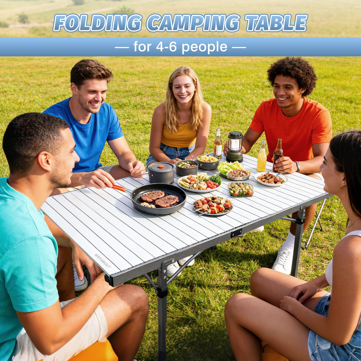 29.9" Tall Folding Camping Table for 2-6 Person, 54.7" Large Aluminum Foldable Roll-up Table Outdoor with Carry Bag for Picnic, Camp, Sturdy, Backyard, Patio B84374