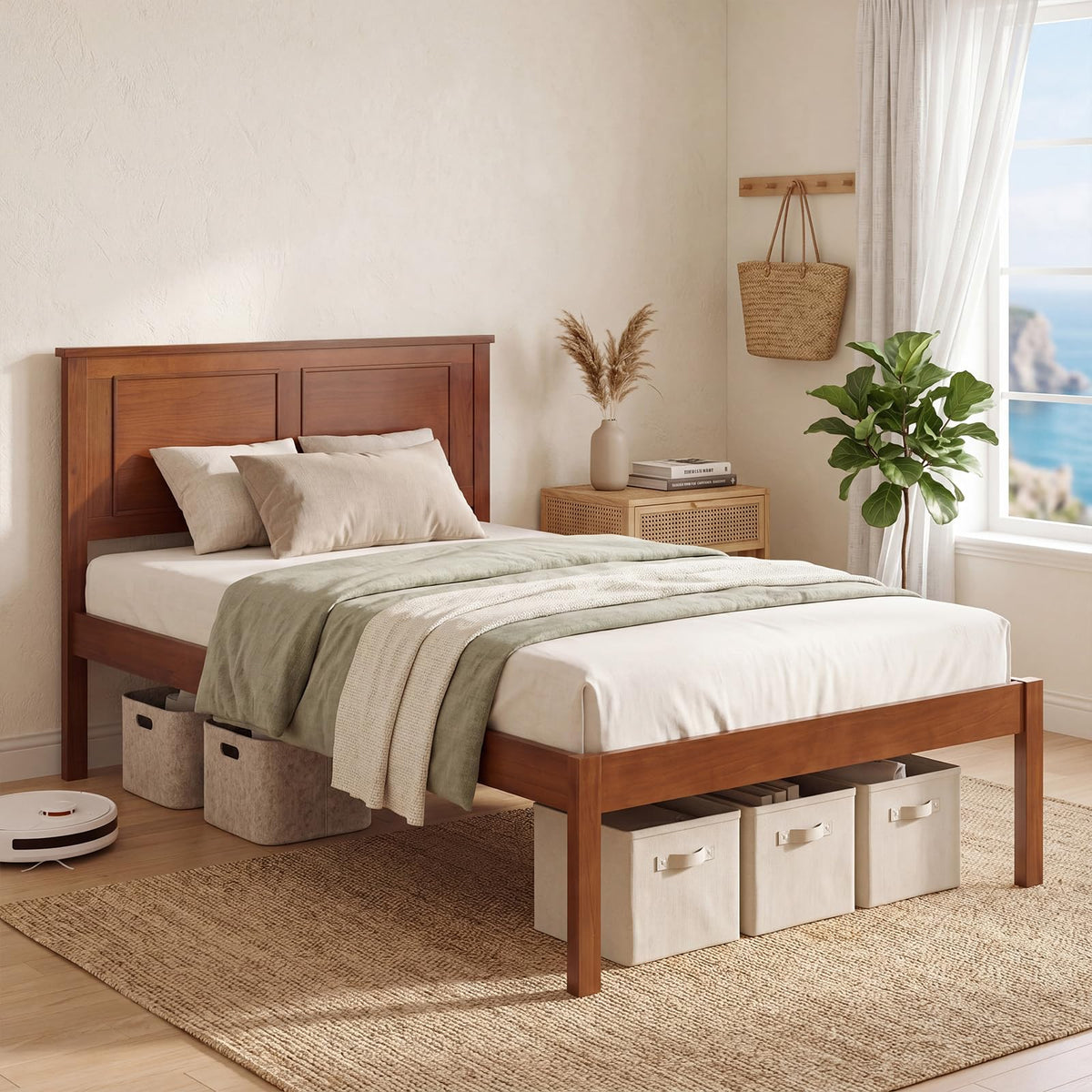 Twin Size Wooden Platform Bed with Headboard Q125
