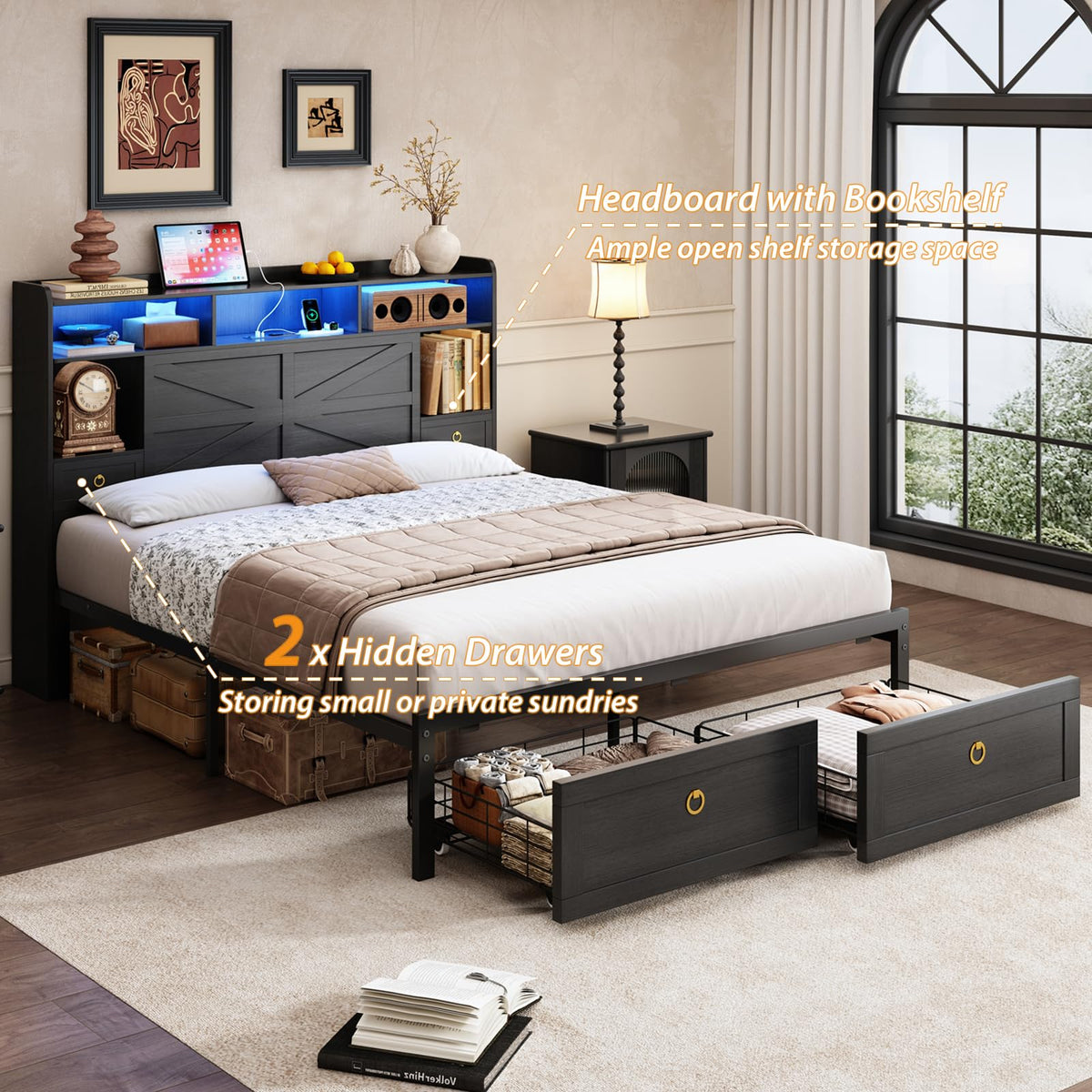 Queen Size Wood Bed Frame with Storage Headboard and 4 Drawers B3932