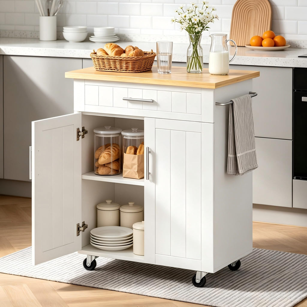 26" Rolling Kitchen Island Cart with Drawer, Shelves, Towel Rack, Lockable Casters, White S87267