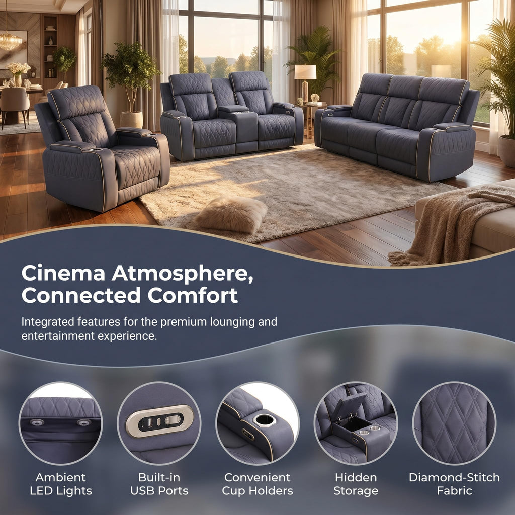 3 Piece Leather Power Recliner Sofa Set with LED Lights W390