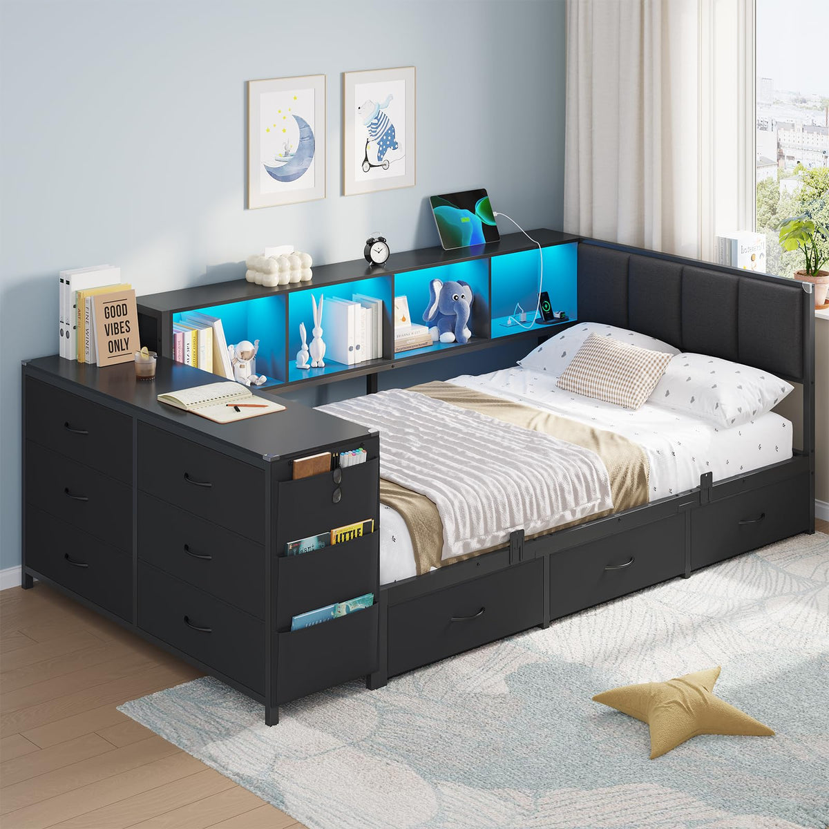 Twin Corner Bed with 6 Storage Dressers, 3 Drawers & Bookcase, Charging Station and LED Light, Desk, Upholstered Headboard, Black U528426