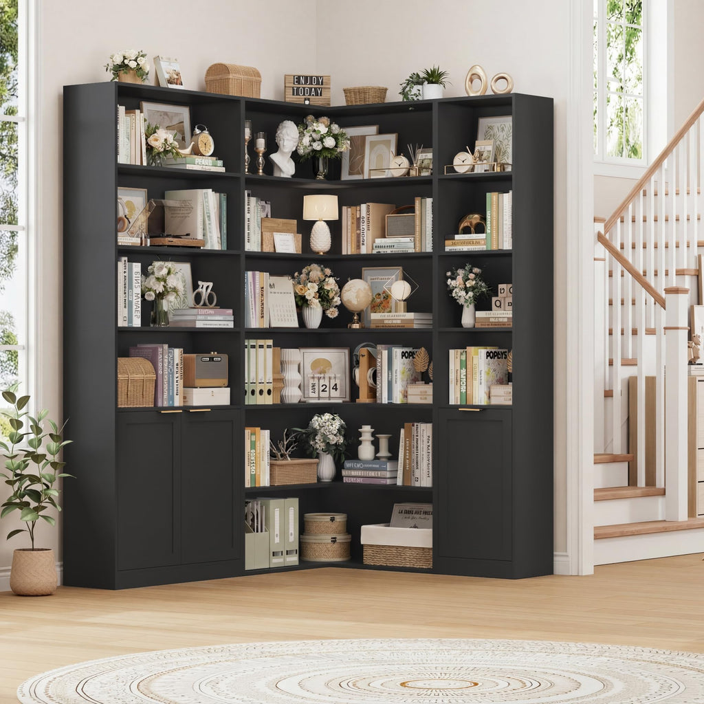 Corner Bookshelf with Storage, 73.5" Tall Black Bookcase Q249
