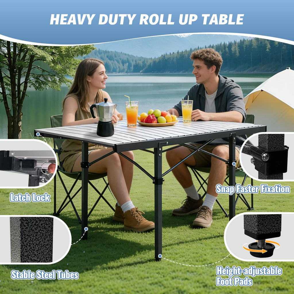 29.9" Tall Folding Camping Table for 2-6 Person, 54.7" Large Aluminum Foldable Roll-up Table Outdoor with Carry Bag for Picnic, Camp, Sturdy, Backyard, Patio B84374