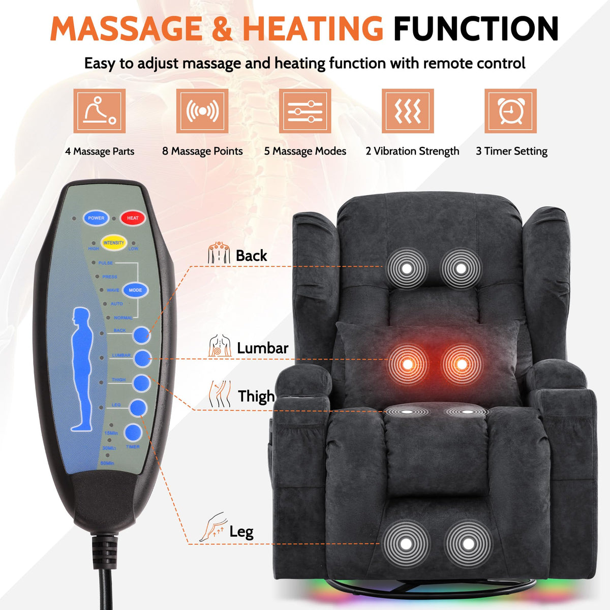 Velvet Gray Power Swivel Rocker Recliner Chair with Massage & Heat Y264