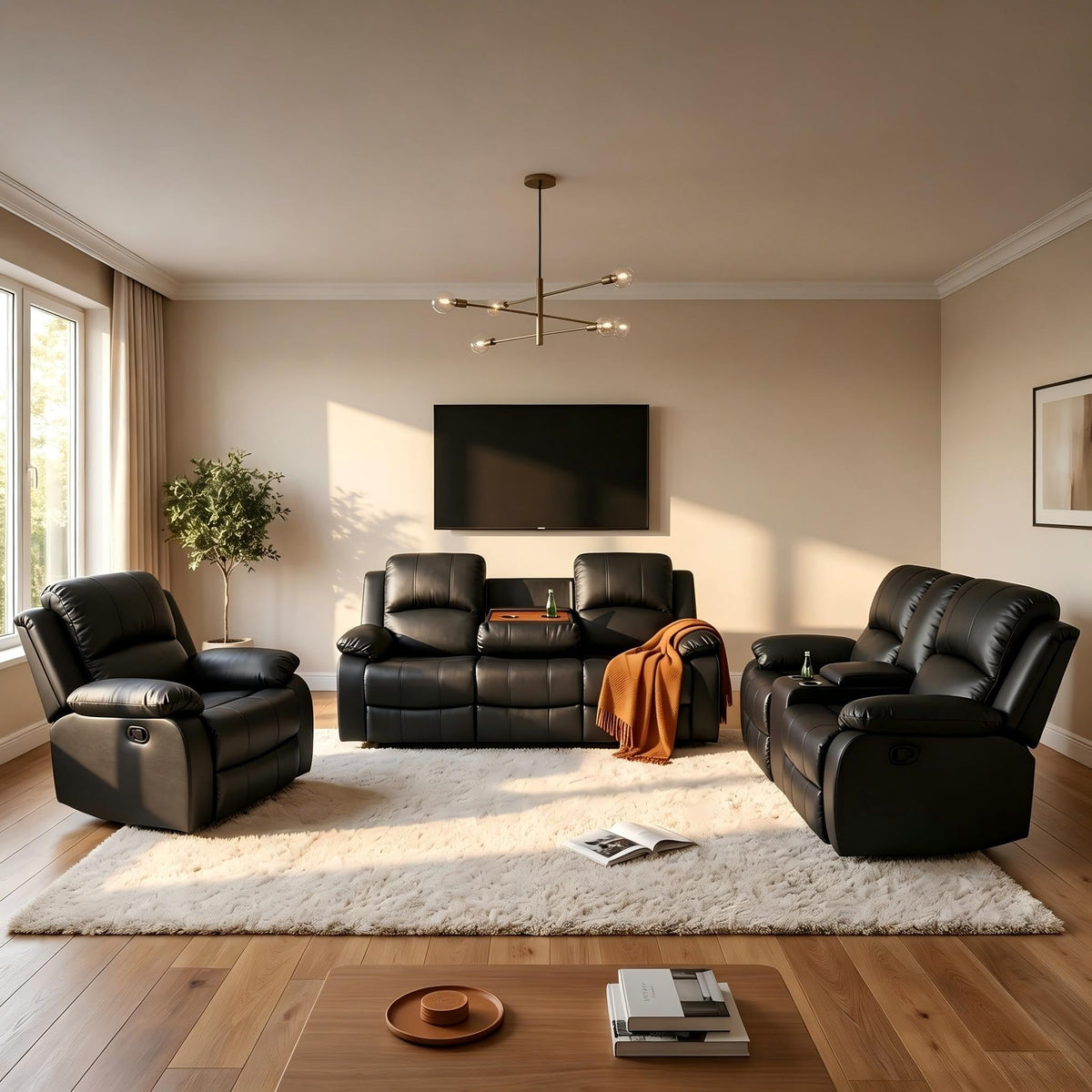 Black 3 Piece Leather Recliner Sofa Set with Cup Holders J4605