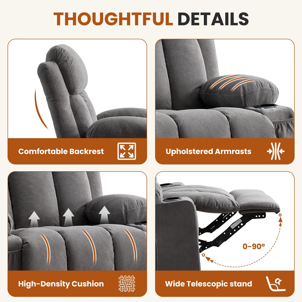 Swivel Rocker Recliner Chair with Massage and Heat V377
