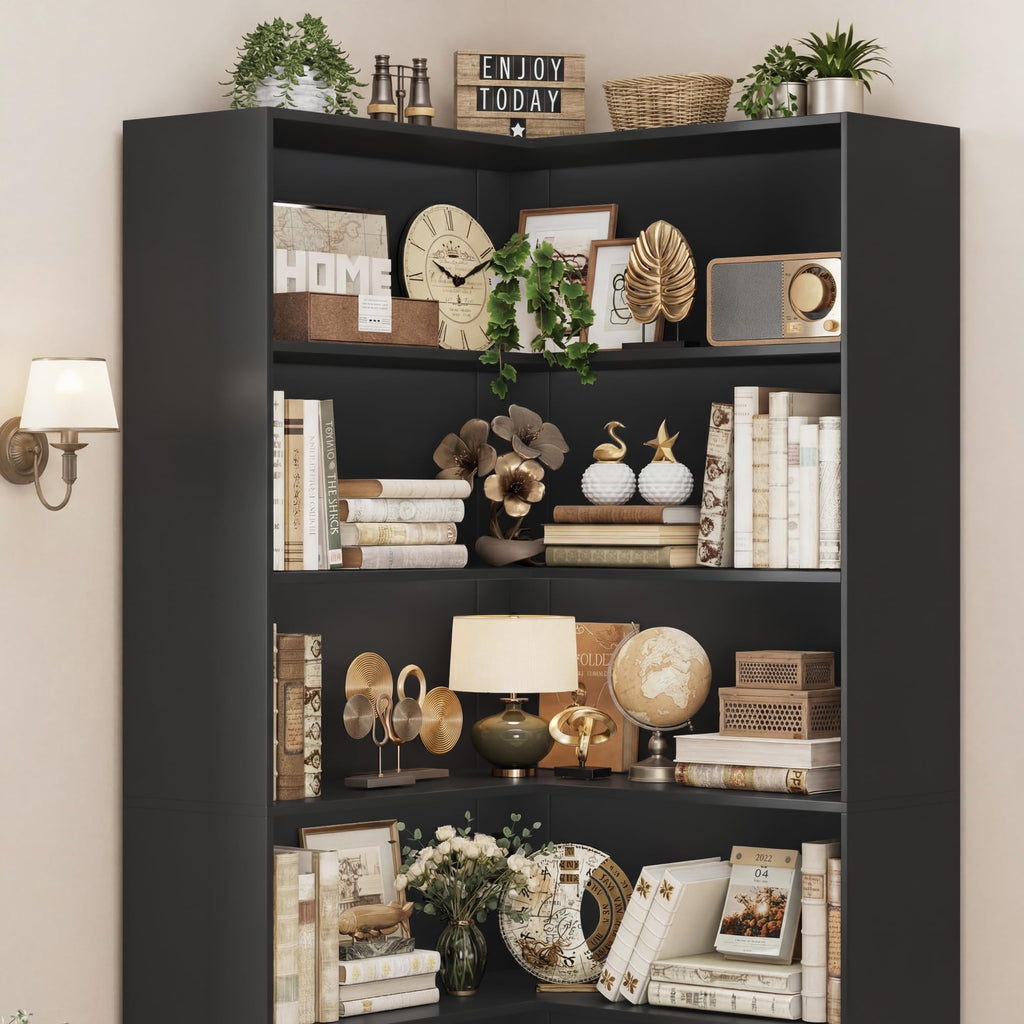 Corner Bookshelf with Storage, 73.5" Tall Black Bookcase Q249