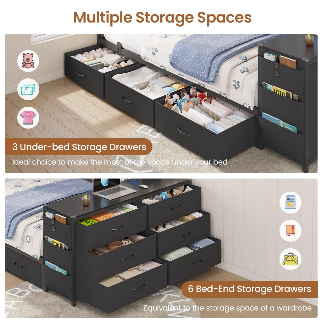 Twin Corner Bed with 6 Storage Dressers, 3 Drawers & Bookcase, Charging Station and LED Light, Desk, Upholstered Headboard, Black U528426