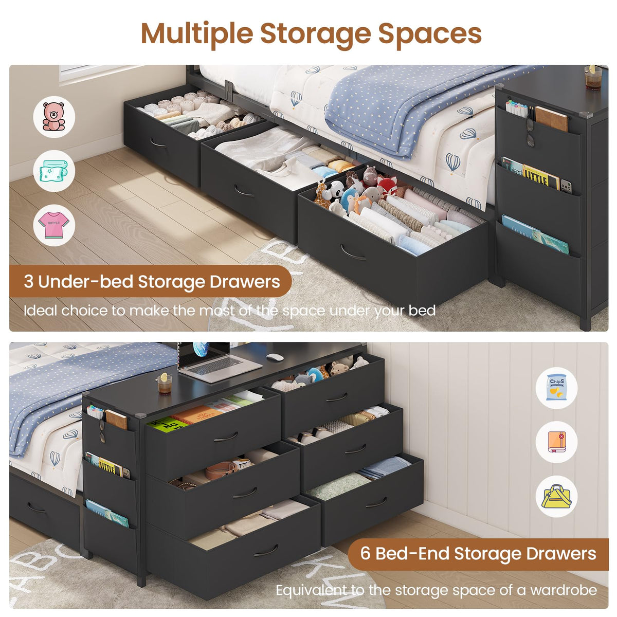 Twin Corner Bed with 6 Storage Dressers, 3 Drawers & Bookcase, Charging Station and LED Light, Desk, Upholstered Headboard, Black U528426