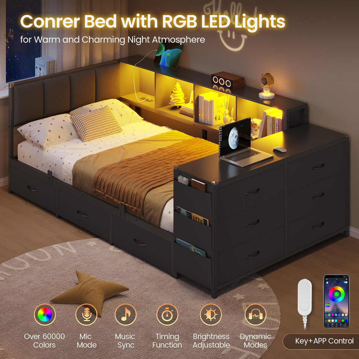 Twin Corner Bed with 6 Storage Dressers, 3 Drawers & Bookcase, Charging Station and LED Light, Desk, Upholstered Headboard, Black U528426