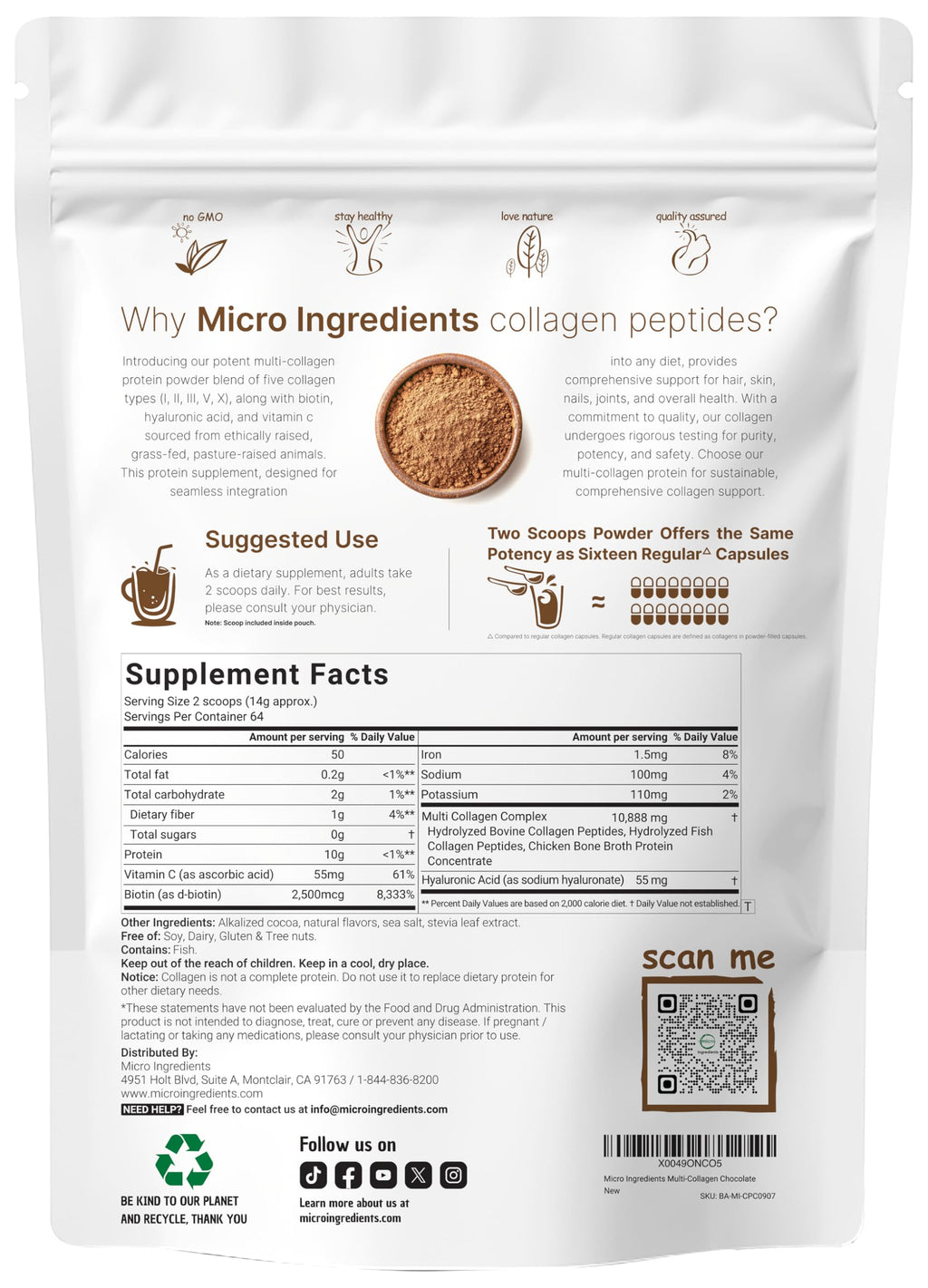 Multi Collagen Peptides Powder, 2lb Chocolate Flavor N800064